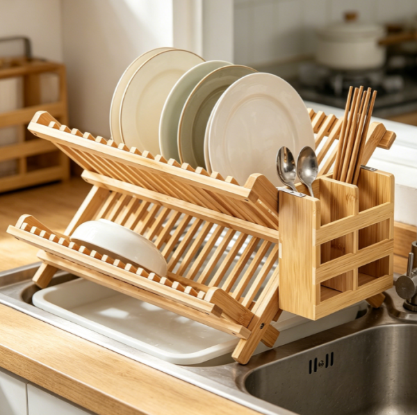 Collapsible 2 Tier Bamboo Dish Drying Rack
