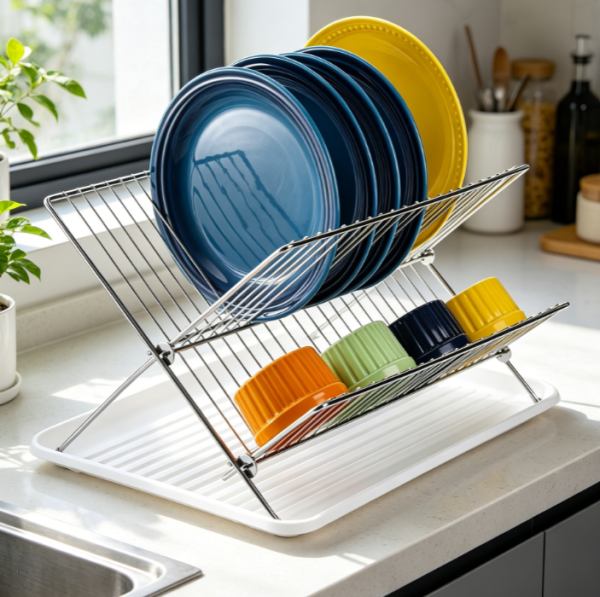 Stainless Steel 2 Tier Folding Dish Rack with Drainboard