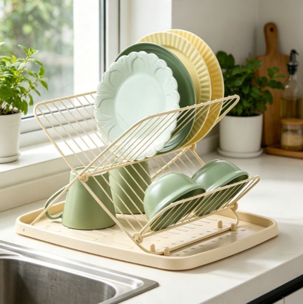 Collapsible 2 Tier Expandable Wire Dish Rack with Drip Tray, Cream